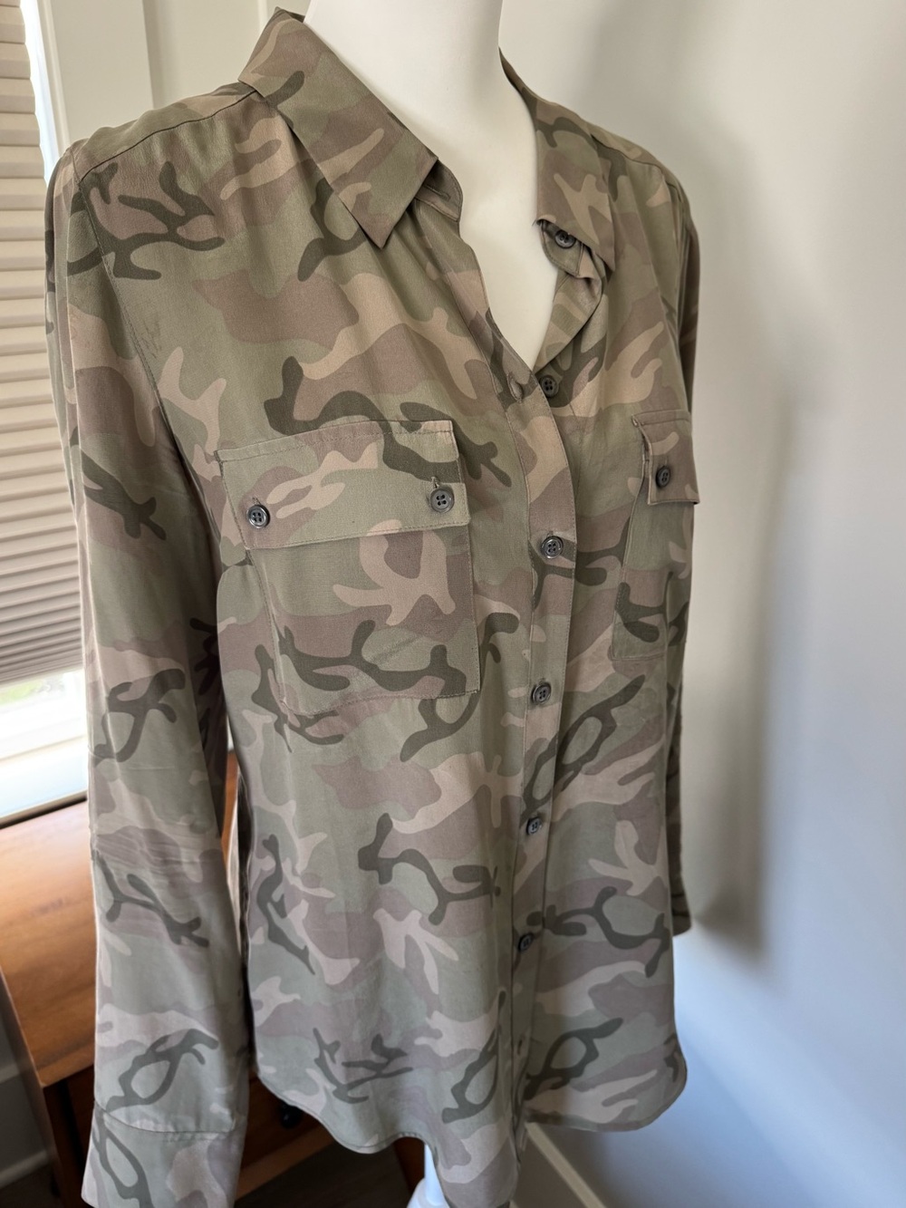 Equipment 100% Silk Camo Button-Up Shirt - Olive Green
